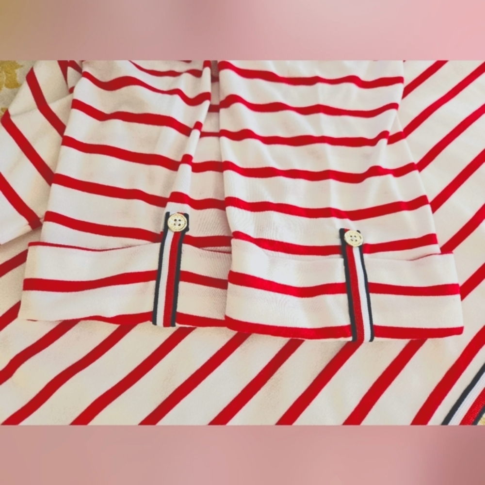 Tommy Hilfiger Red White Stripe Tunic Shirt Roll Cap Style Sleeve Trim Detail SP - Picture 5 of 9